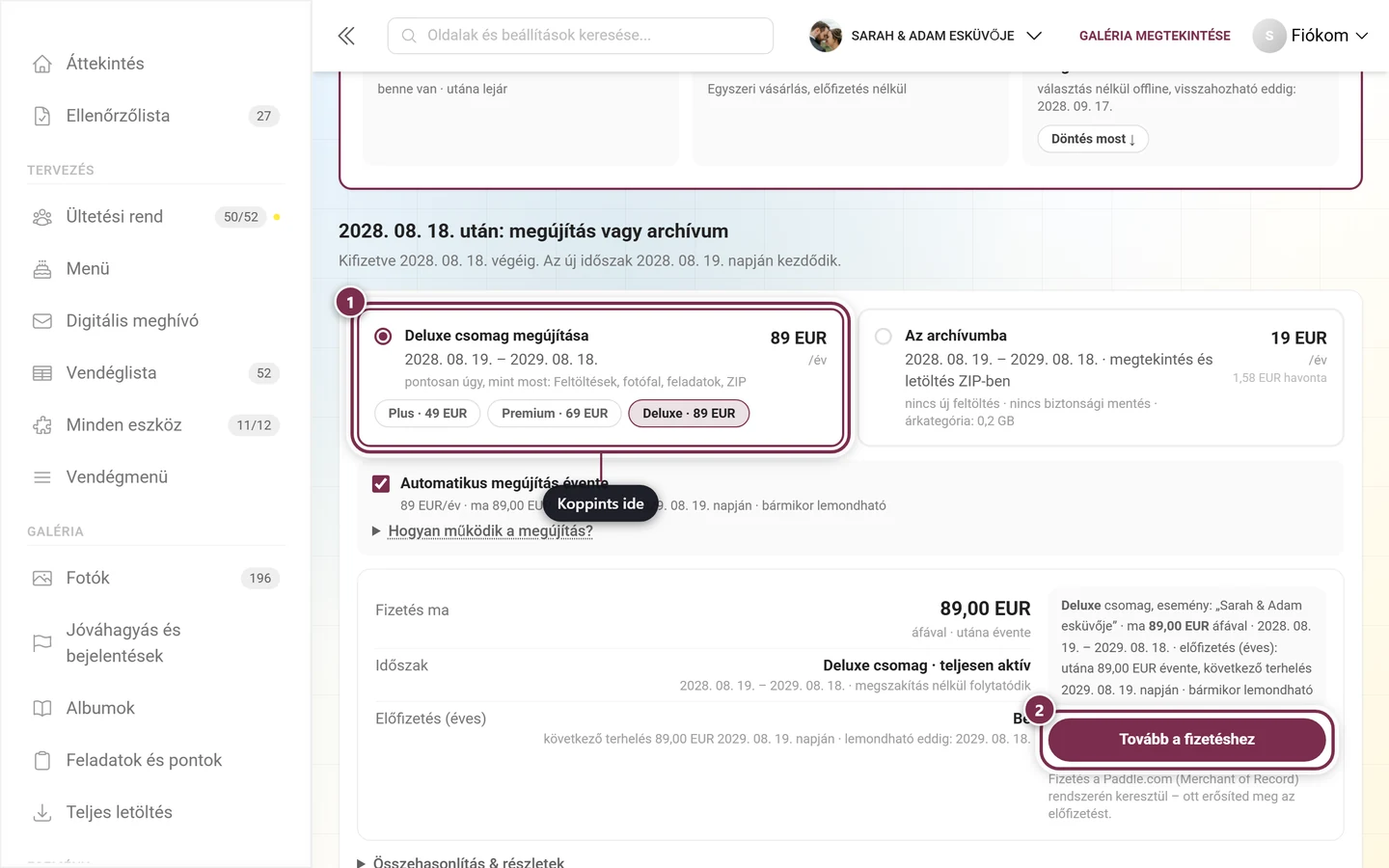 Dátum után: megújítás vagy archívum blokk kiválasztott Csomag megújítása csempével, összegzéssel és Tovább a fizetéshez gombbal