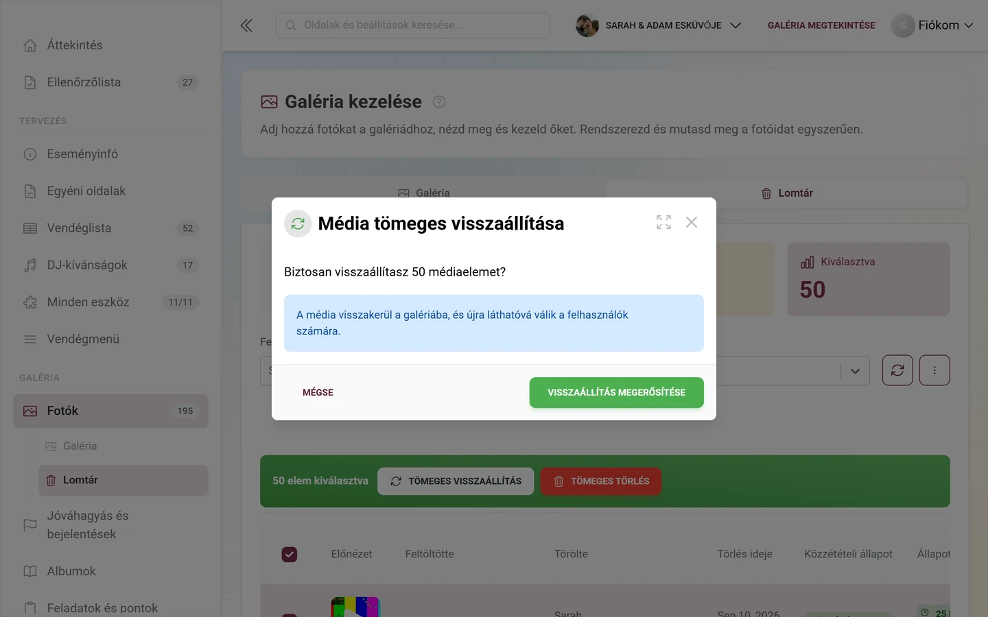 Média tömeges visszaállítása ablak a darabszámmal és egy kék infósávval