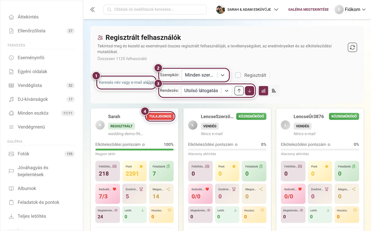Regisztrált felhasználók listája a kiemelt keresőmezővel, szerepkör-szűrővel, rendezéssel és szerepkör-címkével