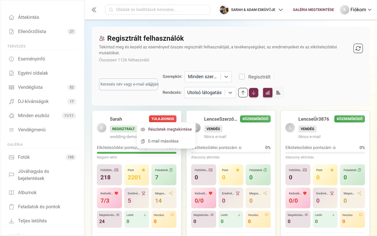 Egy résztvevői kártya megnyitott helyi menüje a kitiltási bejegyzésekkel