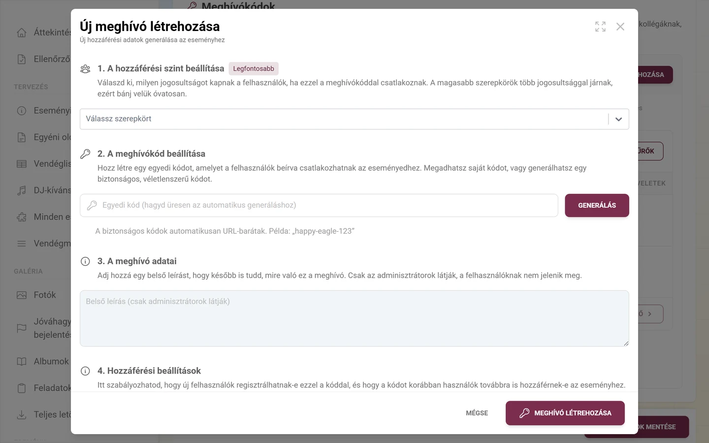 Meghívó létrehozására szolgáló párbeszédablak szerepkörválasztással és meghívókóddal