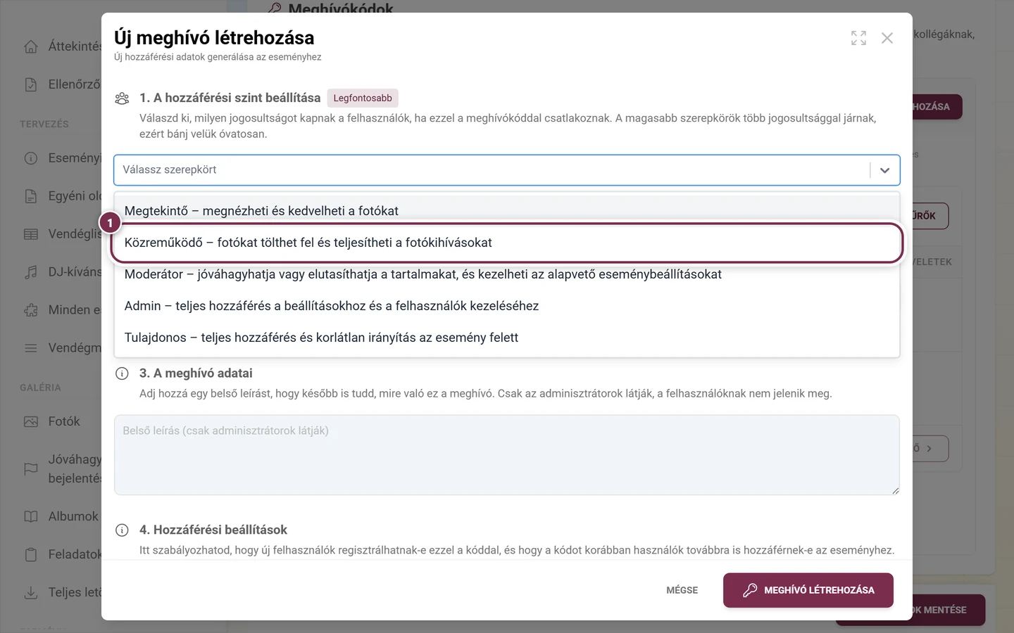 Kinyitott szerepkörválasztó a meghívó párbeszédablakban, kiemelve a Közreműködő bejegyzést