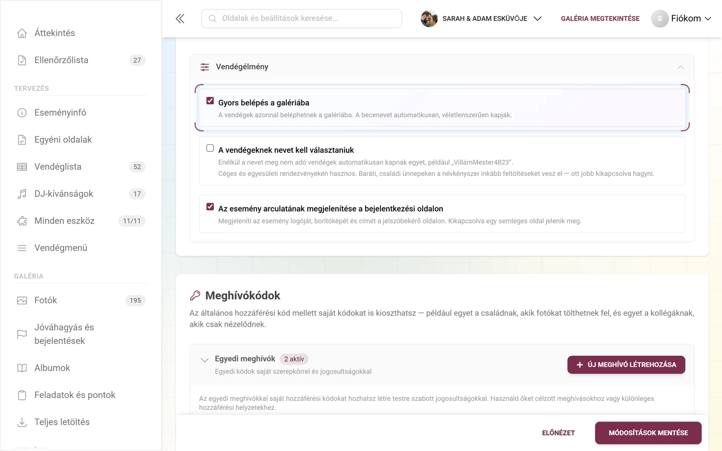 Kinyitott Vendégélmény rész a Gyors belépés a galériába, A vendégeknek nevet kell választaniuk és Az esemény arculatának megjelenítése a bejelentkezési oldalon jelölőnégyzetekkel