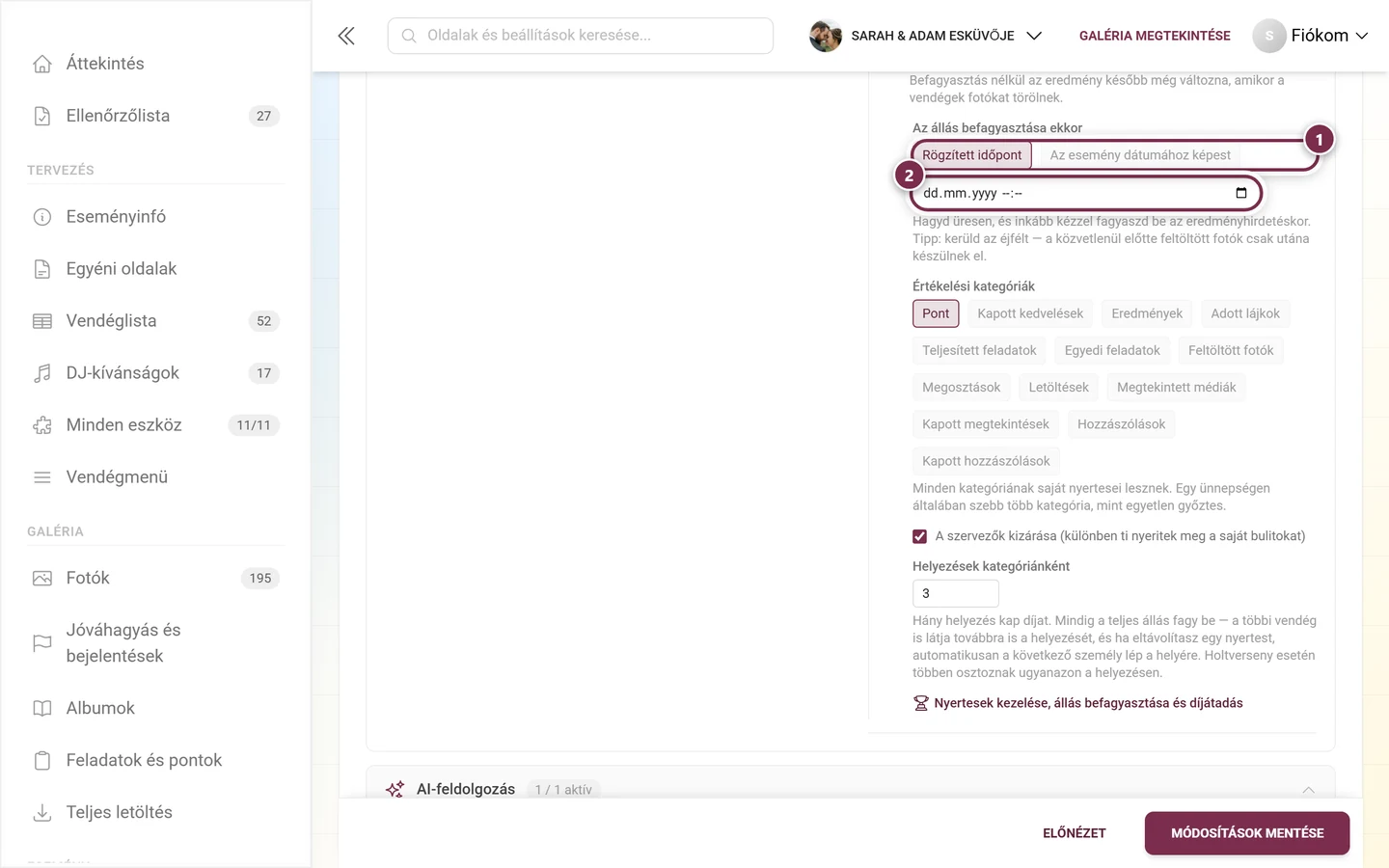 A Rögzített időpont és az Az esemény dátumához képest üzemmódok, alattuk a dátummezővel