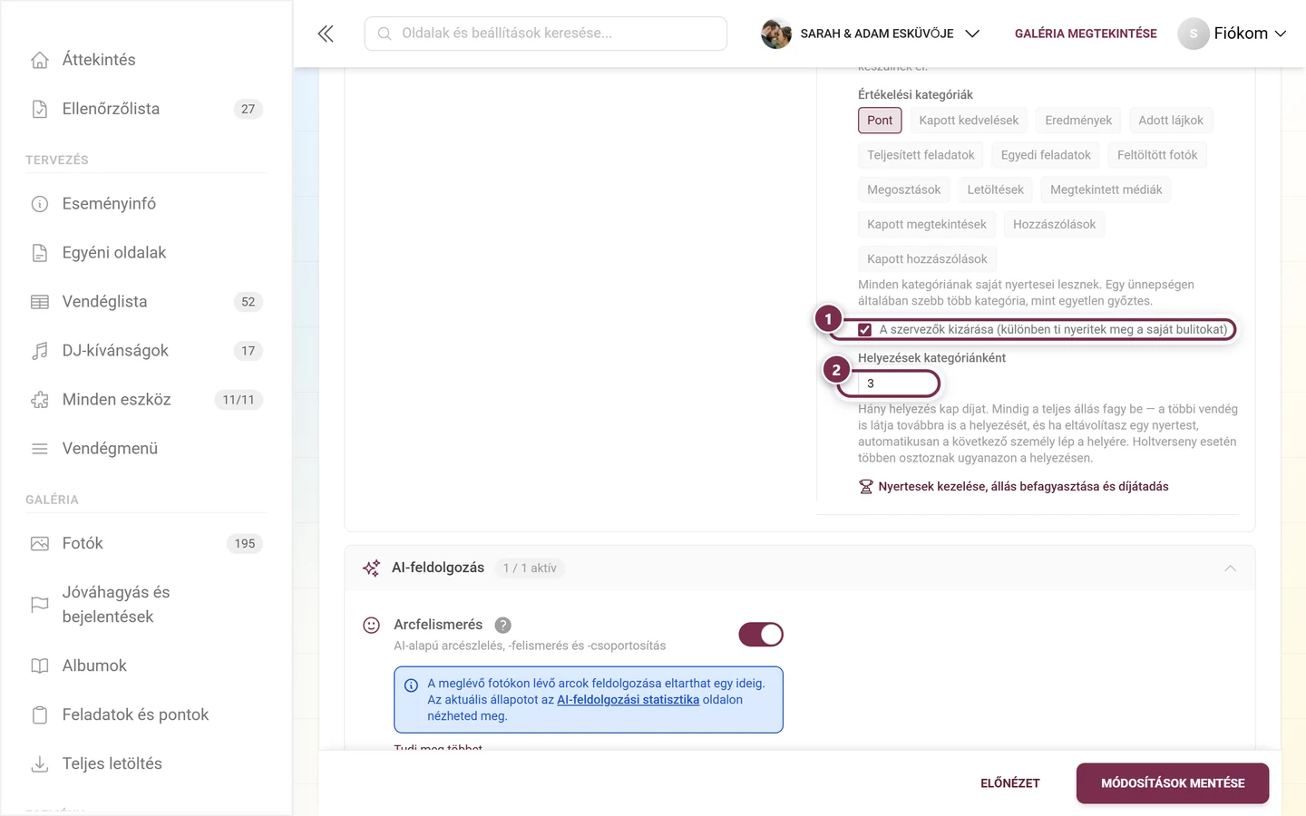 A Szervezők kizárása jelölőnégyzet, alatta a Helyek kategóriánként számmező 3 értékkel