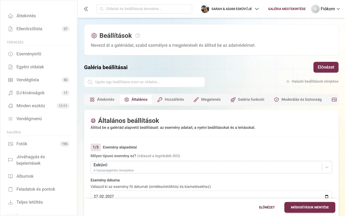 A galéria beállításainak Általános füle az Esemény alapadatai, a Nyelvi beállítások és a Galéria tartalma szakaszokkal