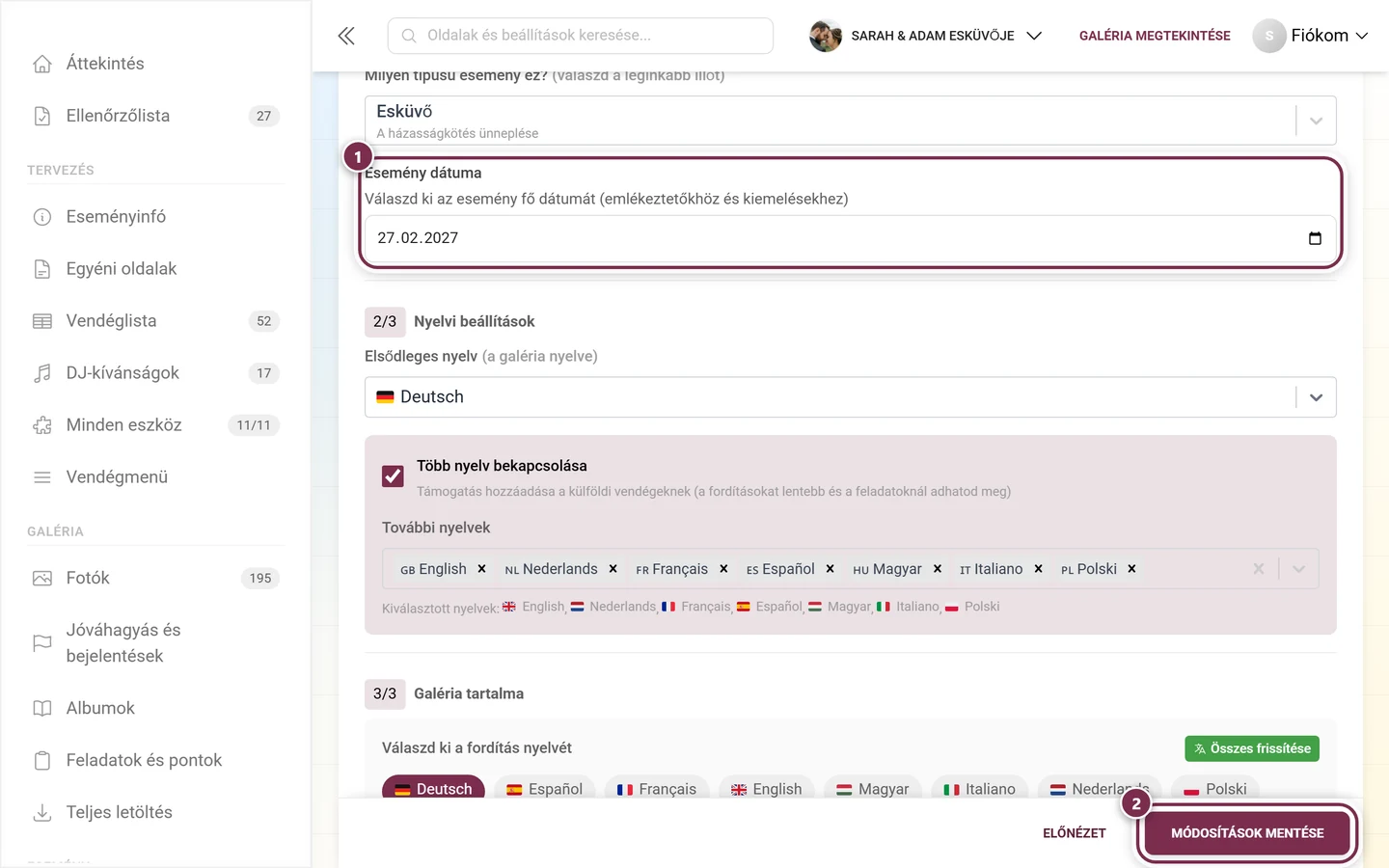 Esemény dátuma mező az általános beállításokban, kiemeléssel és mentősávval
