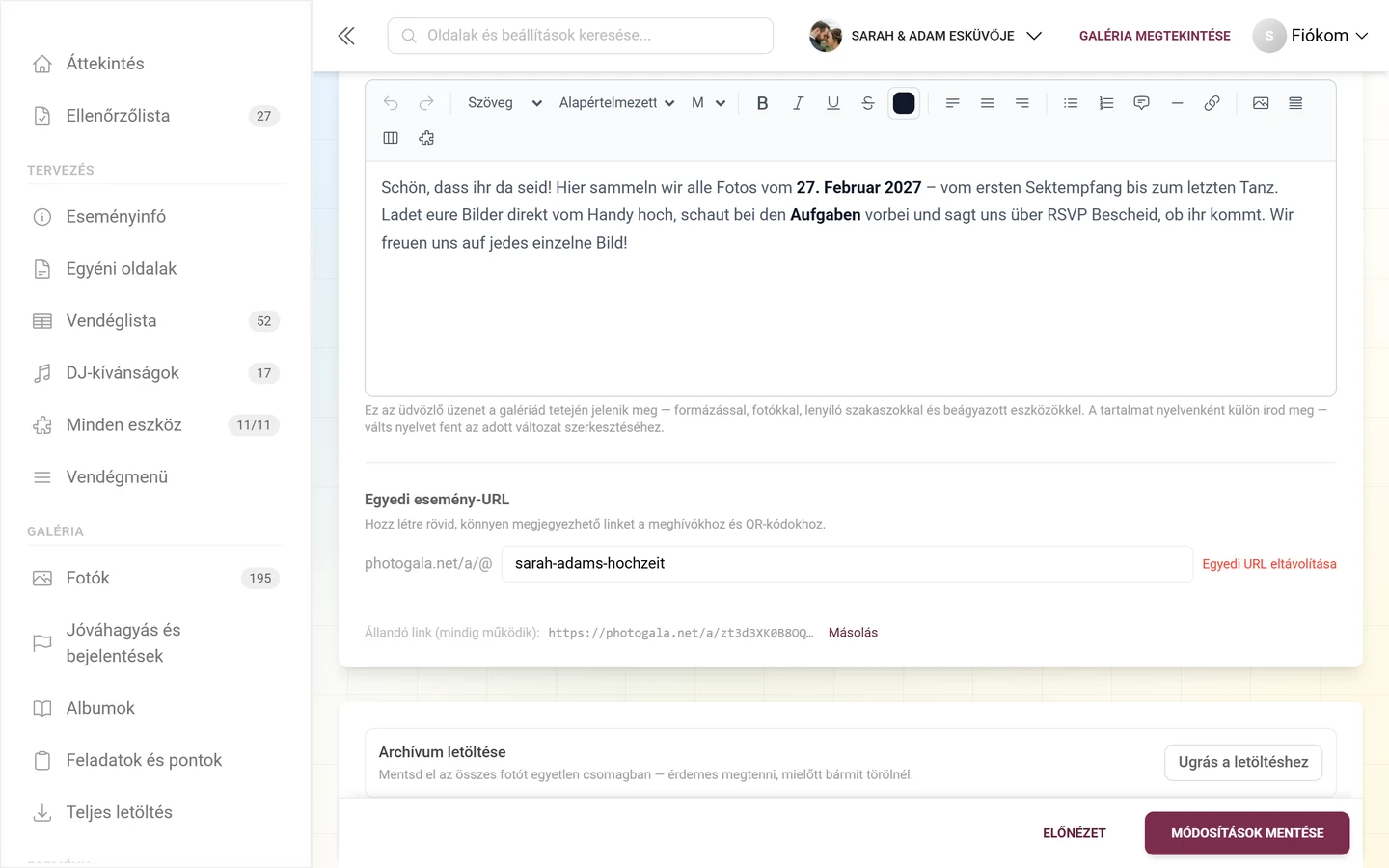 Egyedi esemény-URL a beviteli mezővel és az alatta lévő állandó linkkel