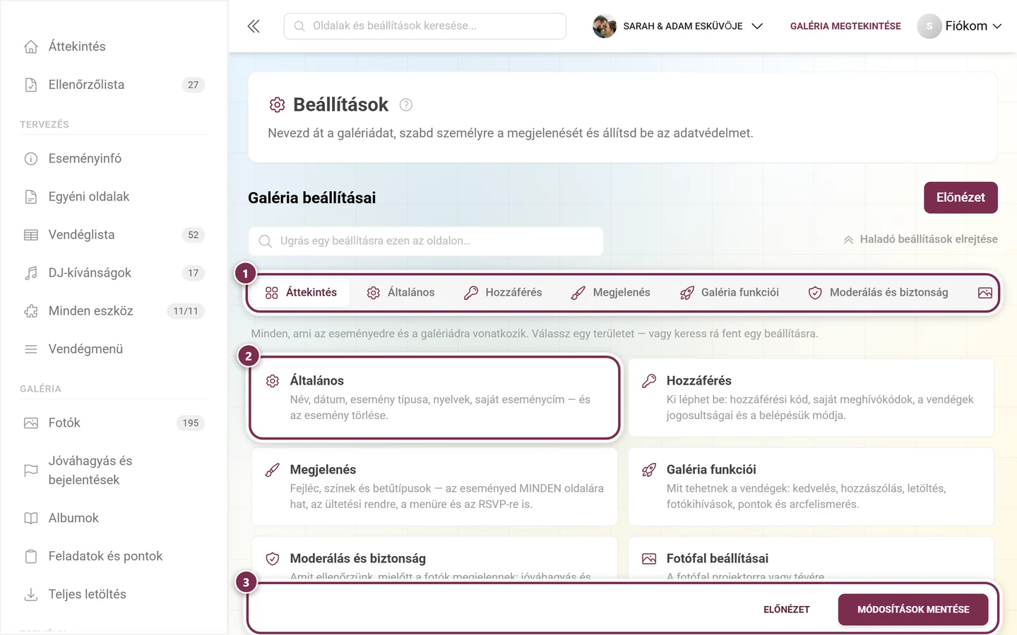 A galéria beállításainak áttekintő csempéi