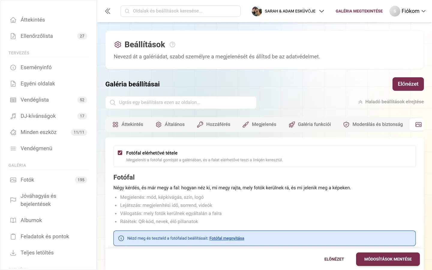 Fotófal beállításai fül a Fotófal elérhetővé tétele kapcsolóval és a Megjelenés, Lejátszás, Kijelölés és Rávetített elemek négy területével