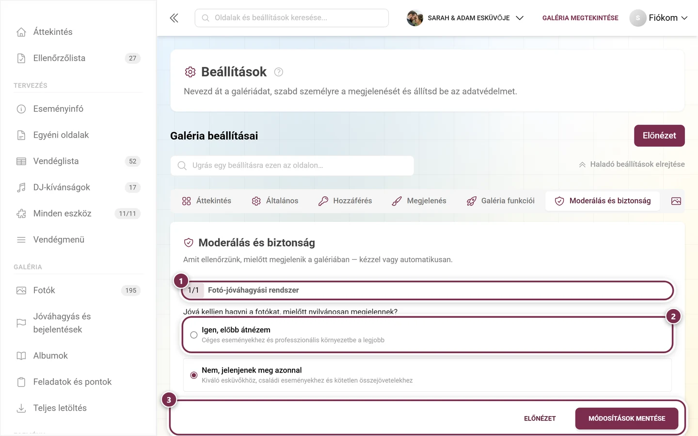 Moderálás és biztonság lap az admin területen