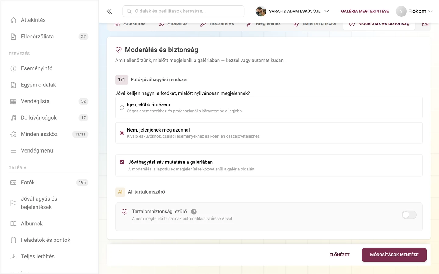 Tartalombiztonsági szűrő kártya AI jelvénnyel és kapcsolóval, felette a Fotó-jóváhagyási rendszer és a jóváhagyási sáv