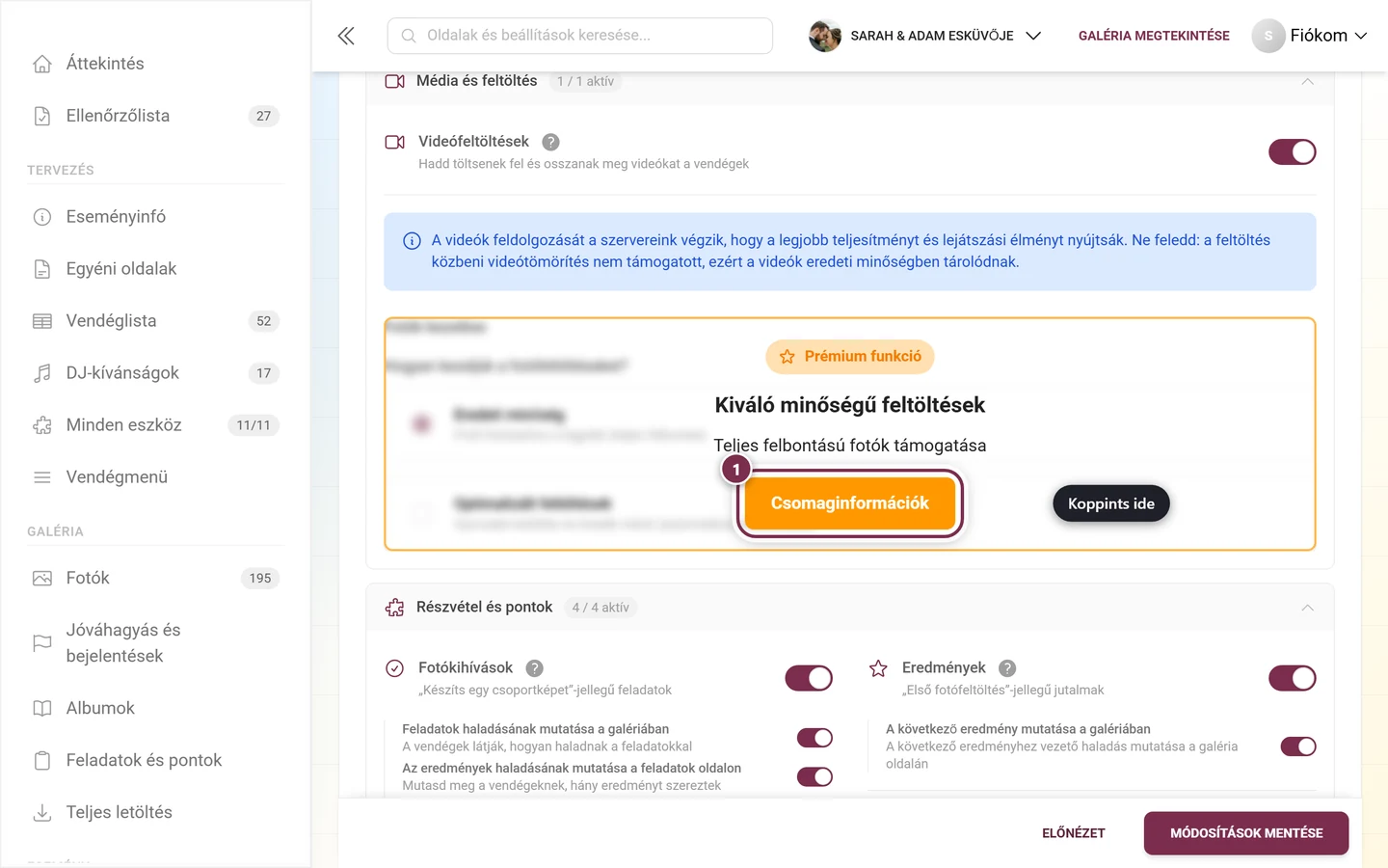 Fotók kezelése blokk egy narancssárga frissítési felhívással letakarva, a gomb kiemelve
