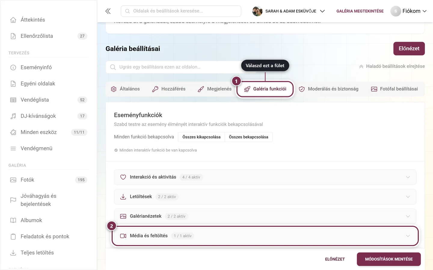 Kiemelt Galéria funkciói fül, alatta a kiemelt Média és feltöltés lenyitható rész