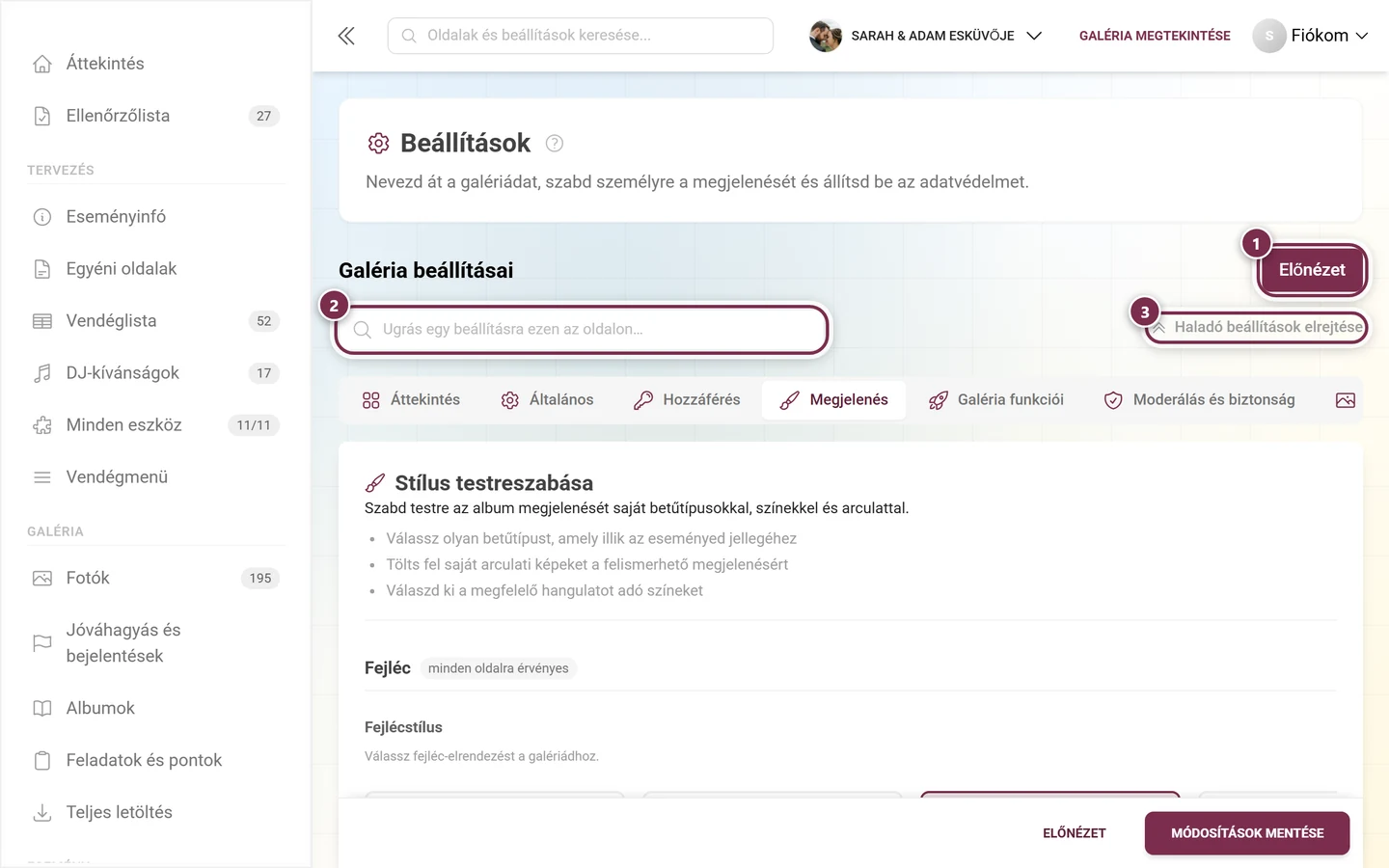 Megjelenés-beállítások logóval, színekkel és borítóképpel
