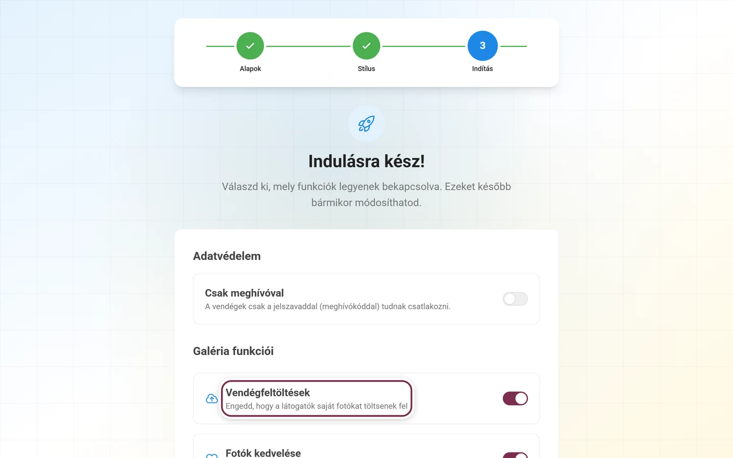 Indulásra kész varázslólépés a kapcsolók listájával a Galéria funkciói alatt