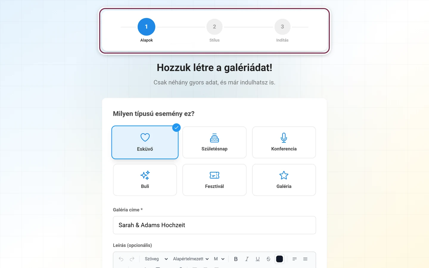A beállítási varázsló kezdőképernyője a lépésjelzővel az űrlap fölött