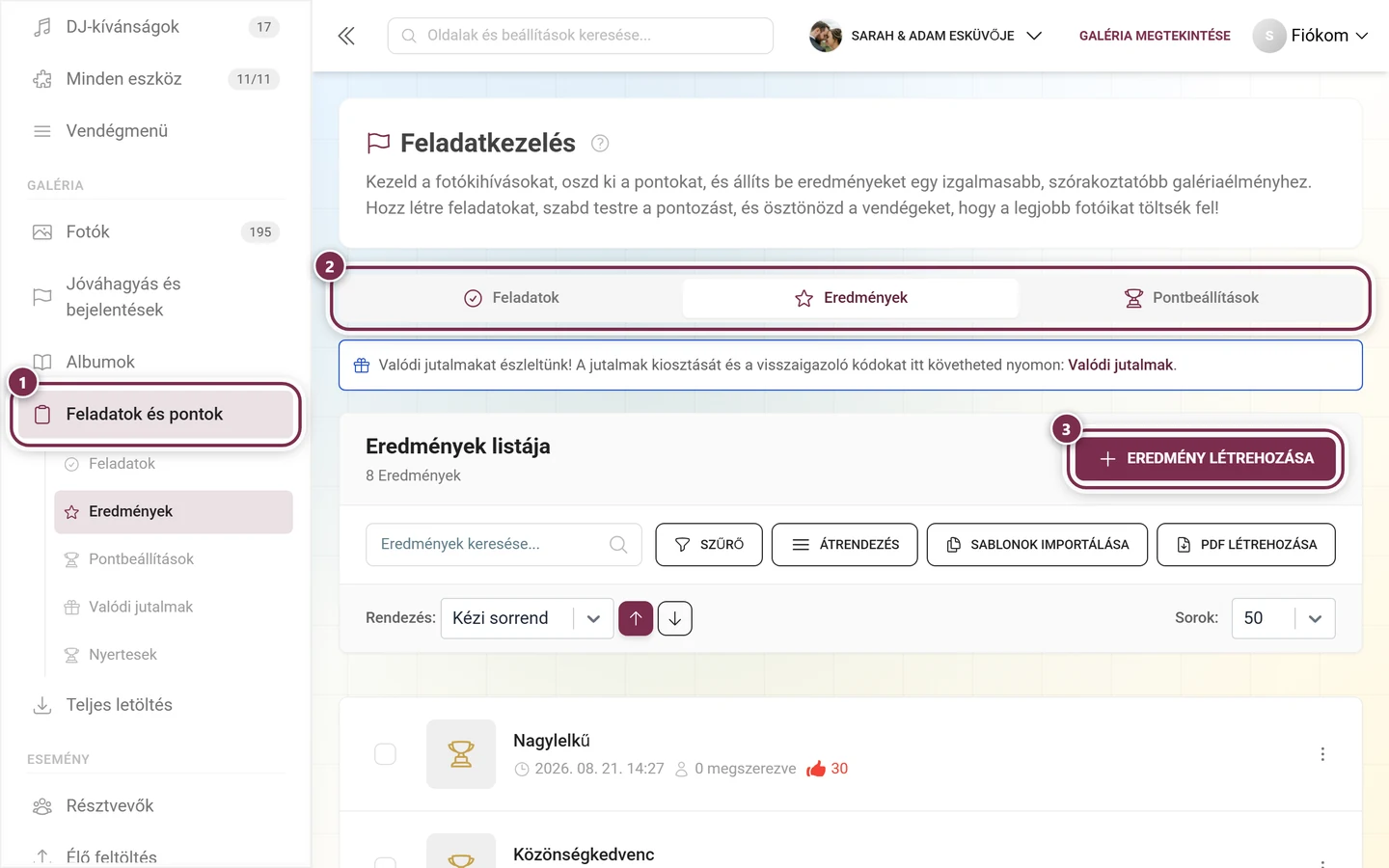 Oldalsáv a kinyitott Feladatok és pontok menüponttal