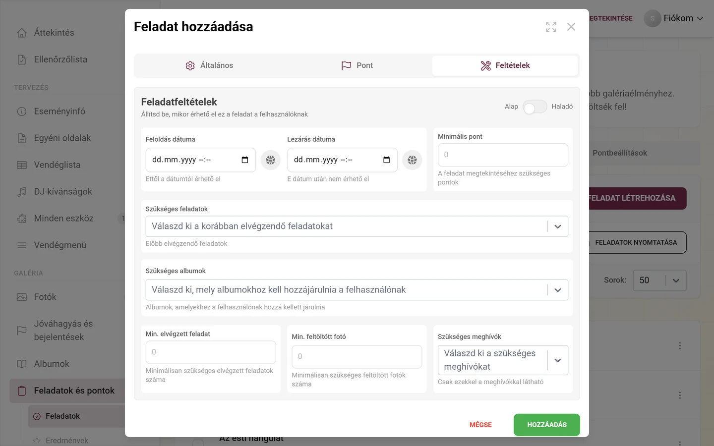 Feltételek fül a feladatszerkesztőben az Alap és Haladó kapcsolóval