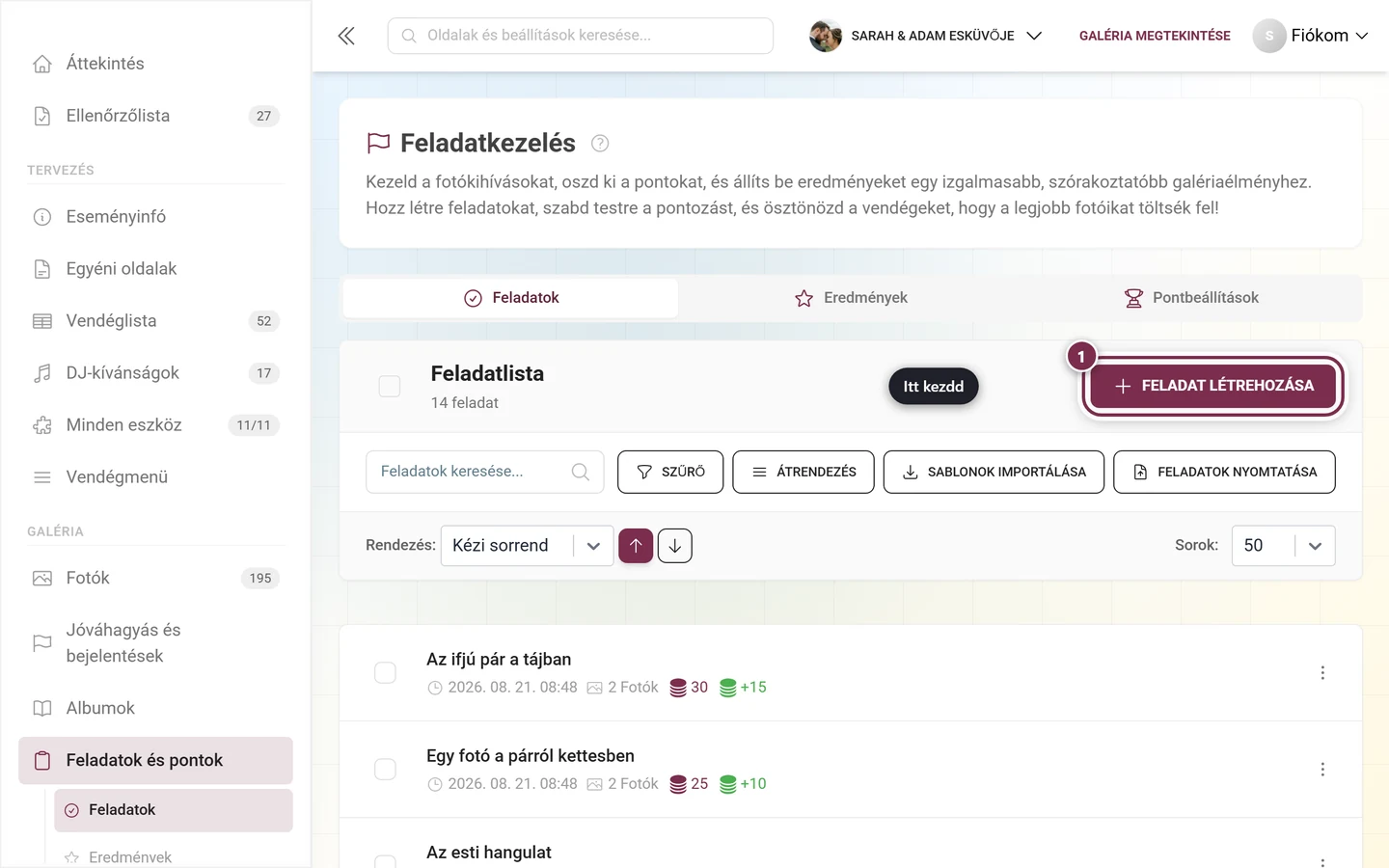 Feladatkezelés a Feladat létrehozása gombbal pirossal kiemelve, jobbra fent az eszköztár felett