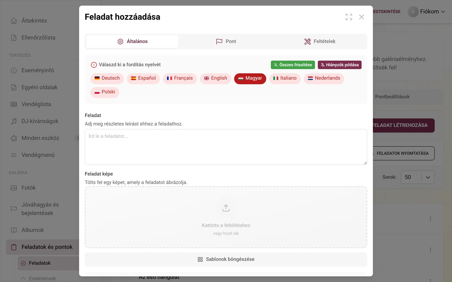 Feladatszerkesztő a feladat, a referenciakép, a pontok és a sorrend mezőivel