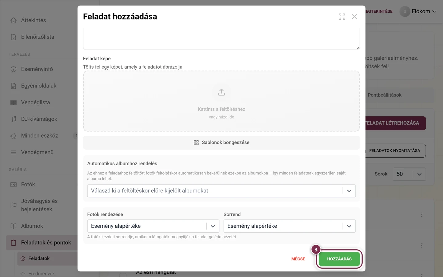 A feladatszerkesztő alja a Hozzáadás gombbal pirossal kiemelve, a Mégse mellett