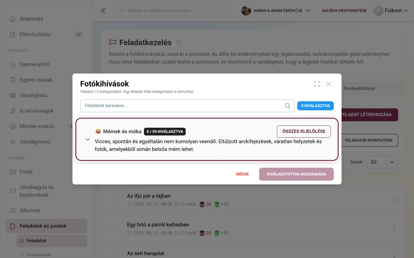 Fotókihívások párbeszédablak keresőmezővel és az első kategóriasorral pirossal kiemelve