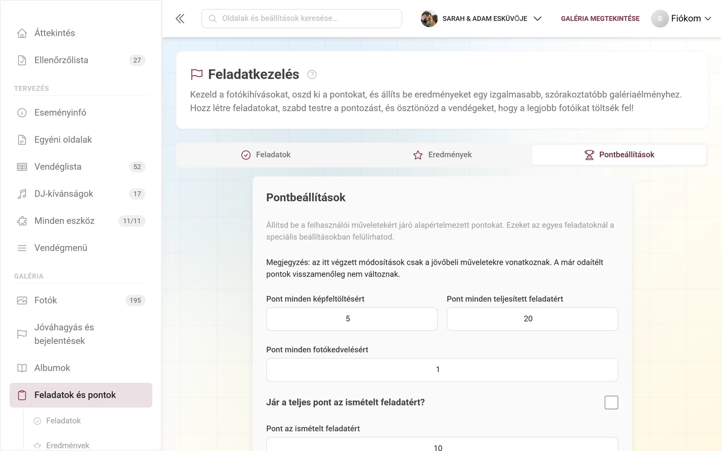 Pontbeállítások fül a műveletenkénti pontértékekkel