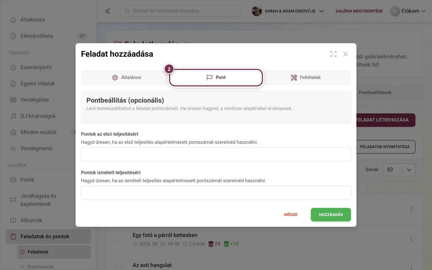 Feladatszerkesztő a Pontok füllel pirossal kiemelve, alatta a két pontmezővel