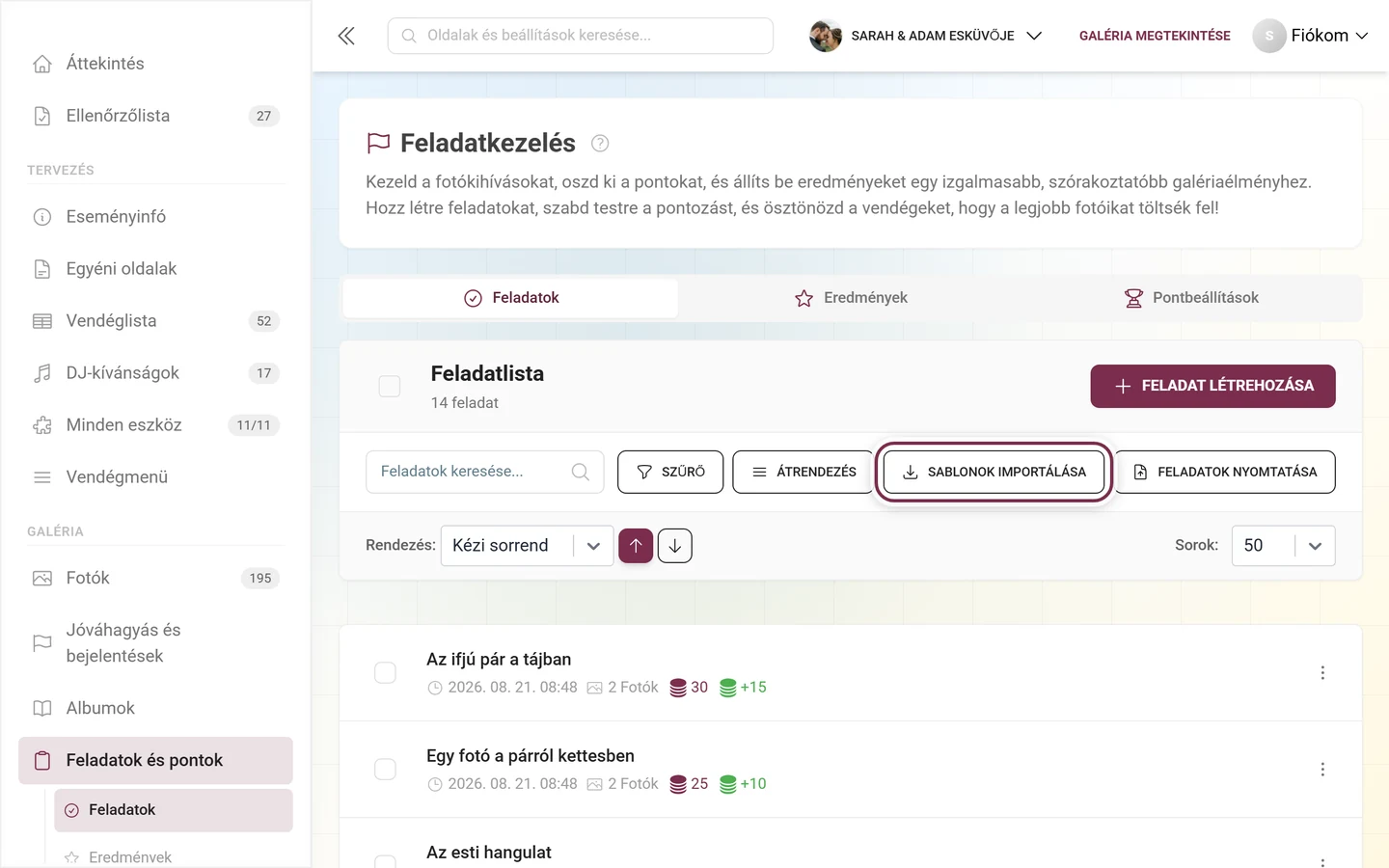 A feladatkezelés eszköztára a Sablonok importálása gombbal pirossal kiemelve