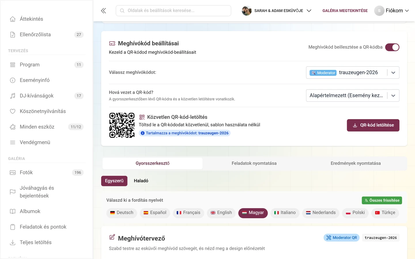 A Meghívókód beállításai kártya a kapcsolóval, a QR-céllal és a közvetlen letöltéssel