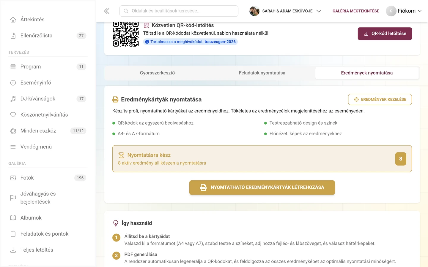 Az Eredmények nyomtatása fül az Eredménykártyák nyomtatása kártyával