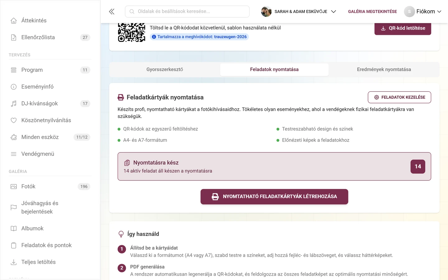 A Feladatok nyomtatása fül a Feladatkártyák nyomtatása kártyával