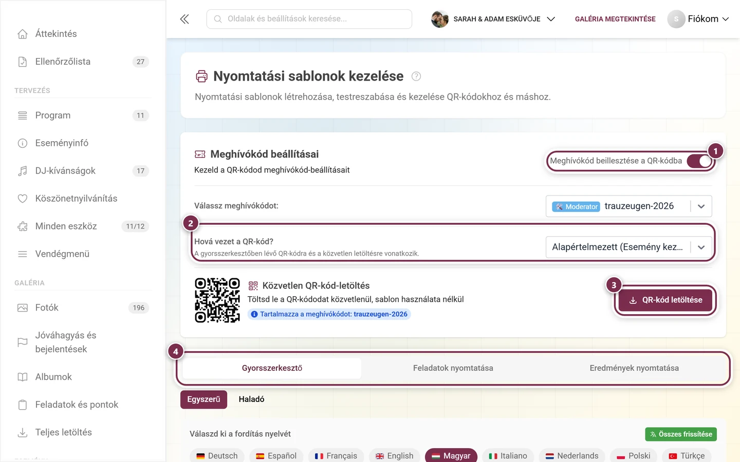 Nyomtatási sablonok oldal a meghívókód-kapcsolóval, QR-céllal, letöltés gombbal és fülekkel kiemelve