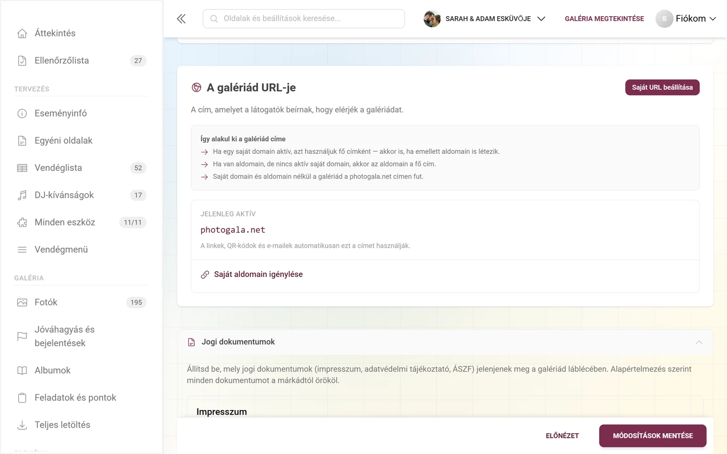 A galériád URL-je szakasz az aktuális címmel