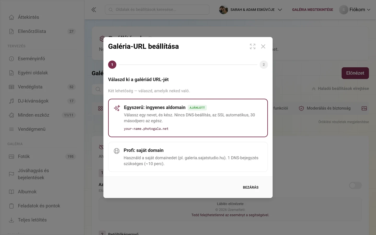 Asszisztens a saját galéria-URL beállításához