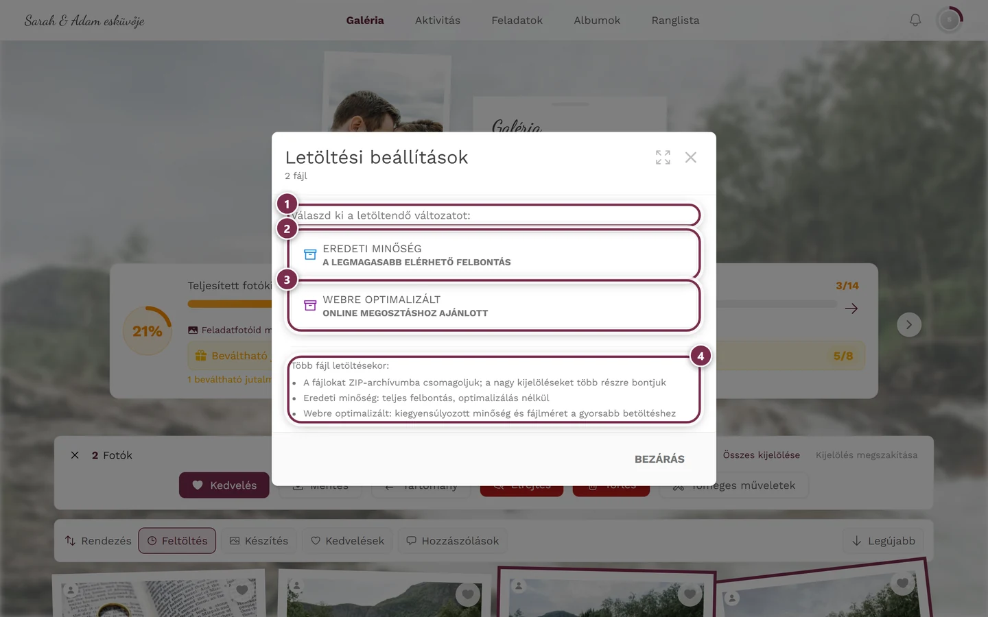 Letöltési beállítások párbeszédablak két megjelölt fotónál a ZIP-jelzéssel