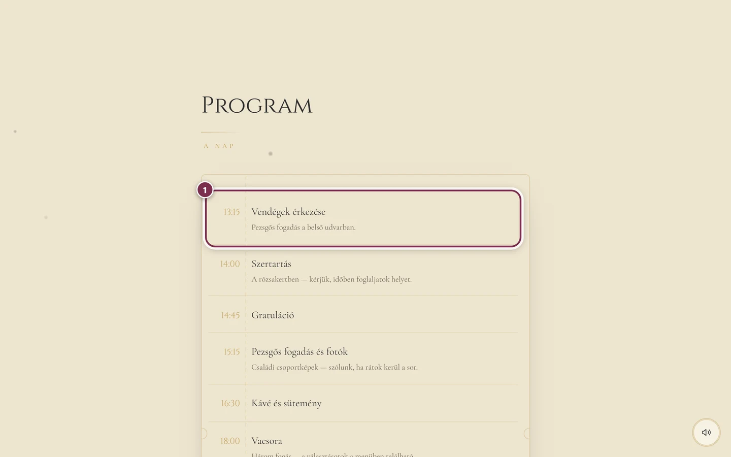 Program szakasz idővonallal, gyűrűvel az első programpont körül