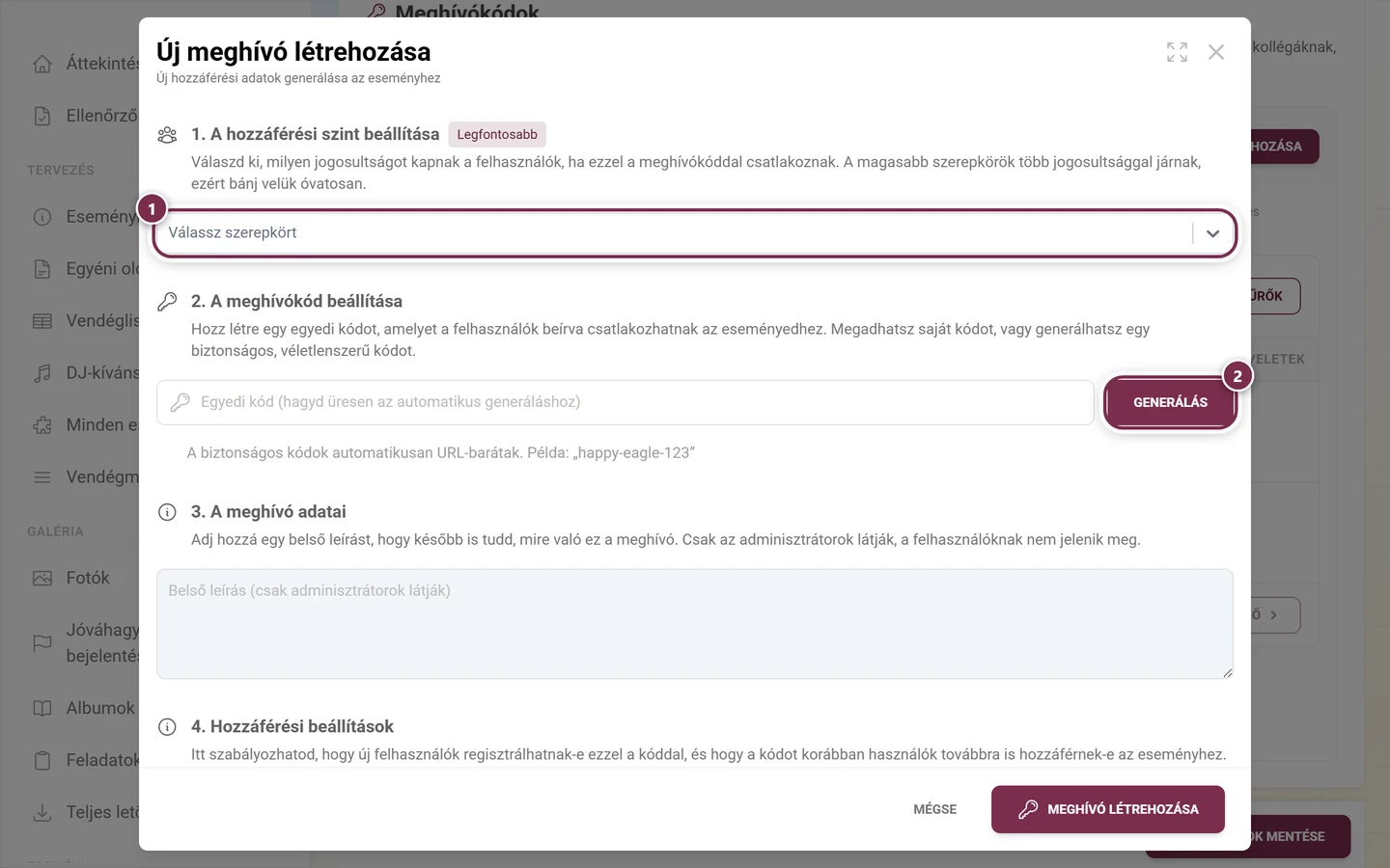 Létrehozás párbeszédablak a szerepkör-választó mezővel és a Generálás gombbal