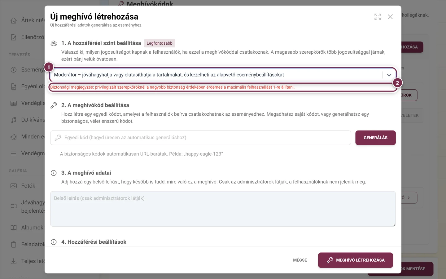 Létrehozás párbeszédablak a Moderátor szerepkörrel kiválasztva és a piros Biztonsági megjegyzéssel alatta