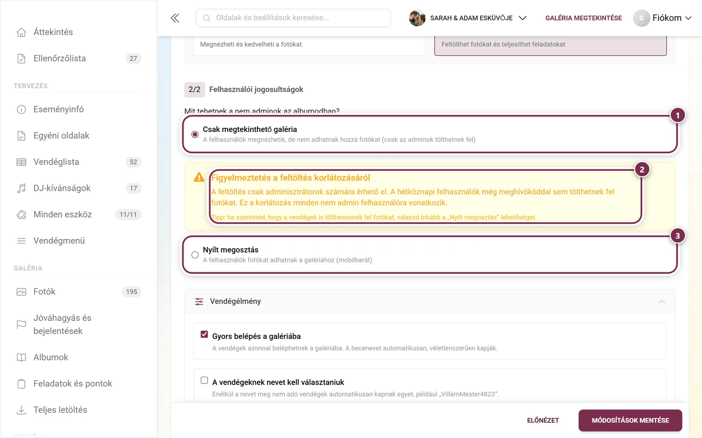 Felhasználói jogosultságok szakasz a Csak megtekinthető galéria opcióval kiválasztva és a sárga Figyelmeztetés a feltöltés korlátozásáról dobozzal