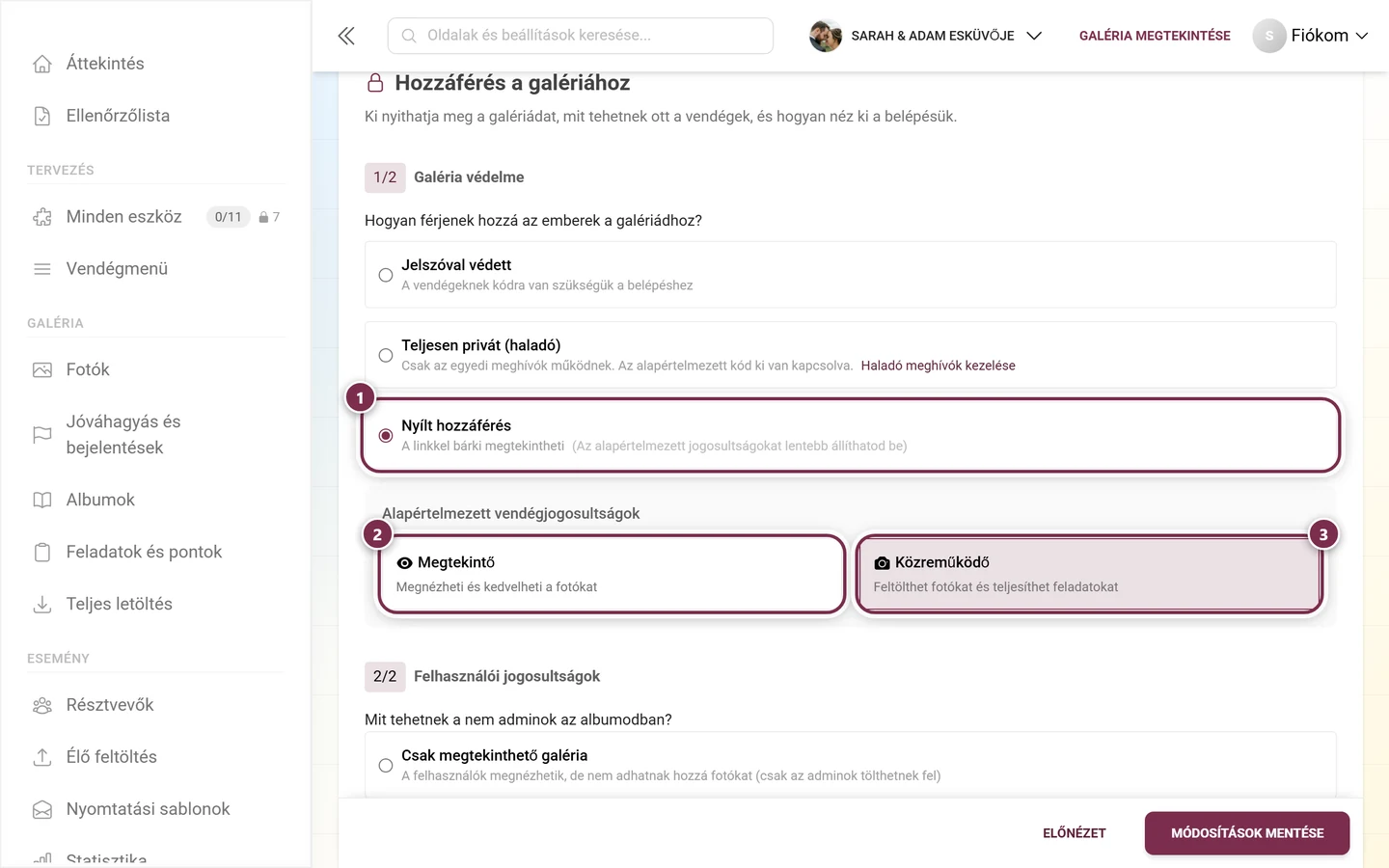 Galéria védelme a Nyílt hozzáférés opcióval kiválasztva, a Megtekintő és Közreműködő csempékkel