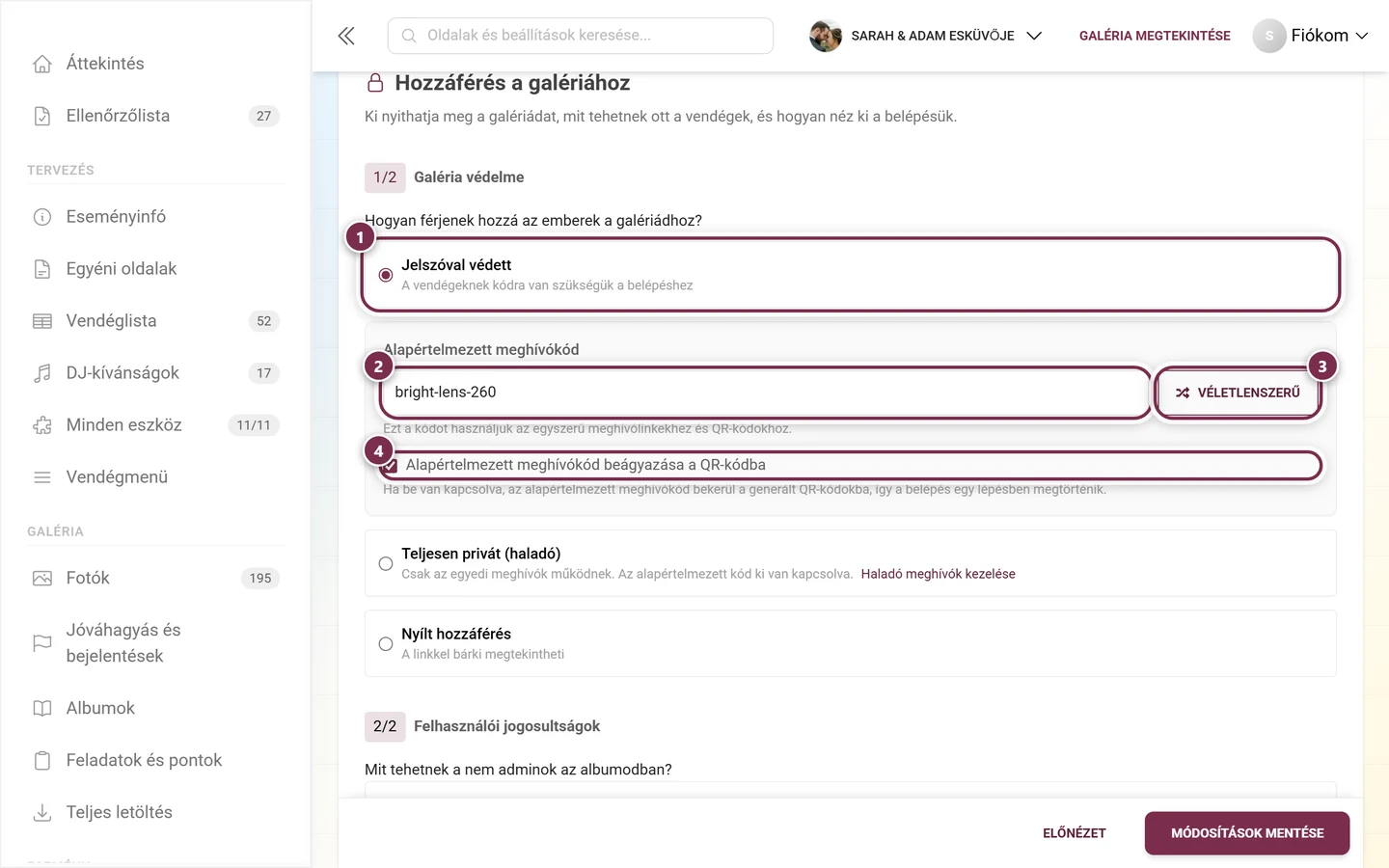 Galéria védelme a Jelszóval védett opcióval kiválasztva, az Alapértelmezett meghívókód mező, a Véletlenszerű gomb és a QR-kód jelölőnégyzet