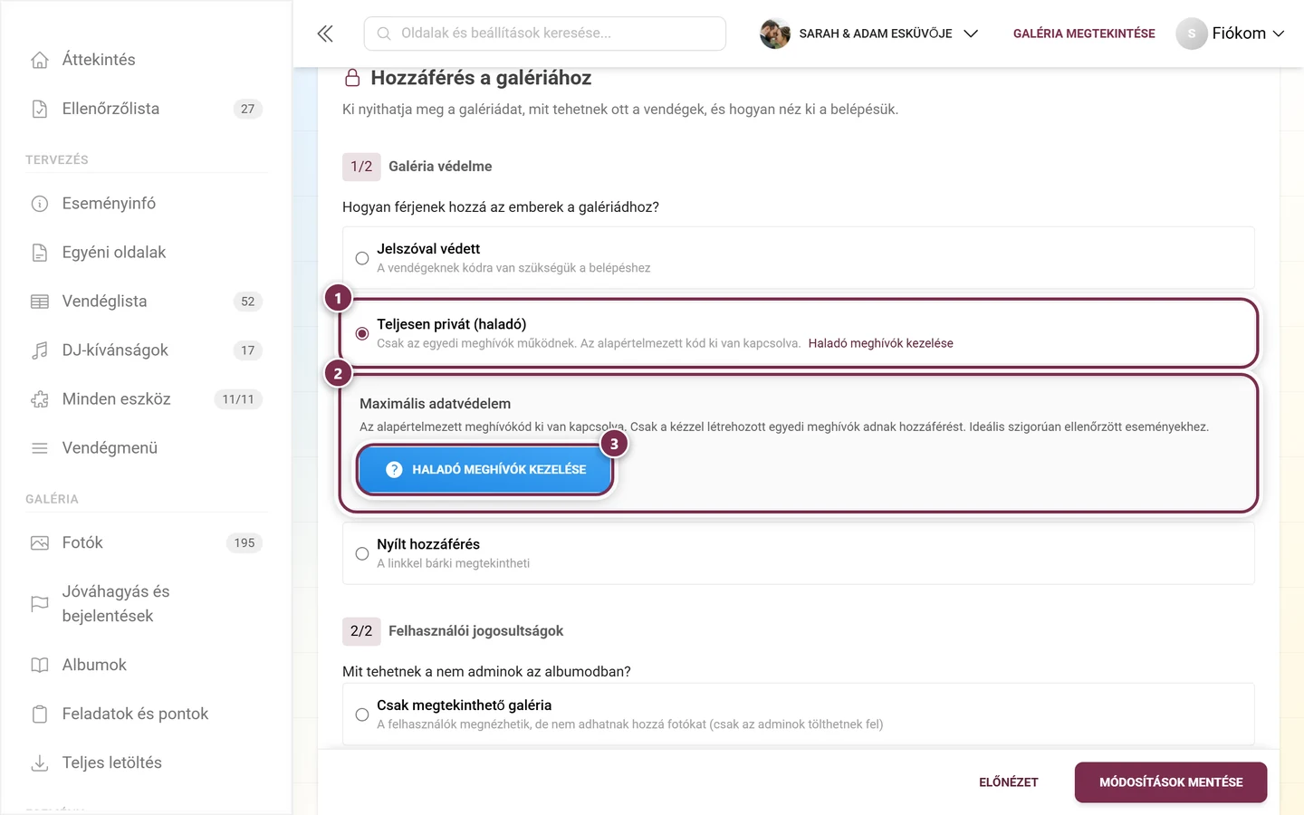 Galéria védelme a Teljesen privát opcióval kiválasztva és a Maximális adatvédelem információs dobozzal