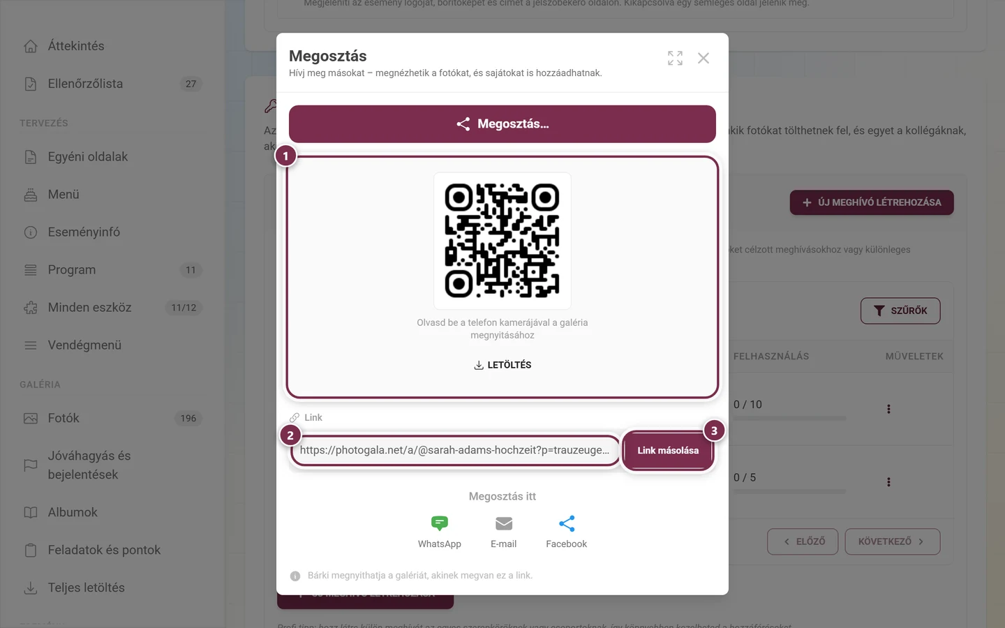 Megosztás párbeszédablak QR-kóddal, Letöltés gombbal, Link mezővel és Link másolása lehetőséggel