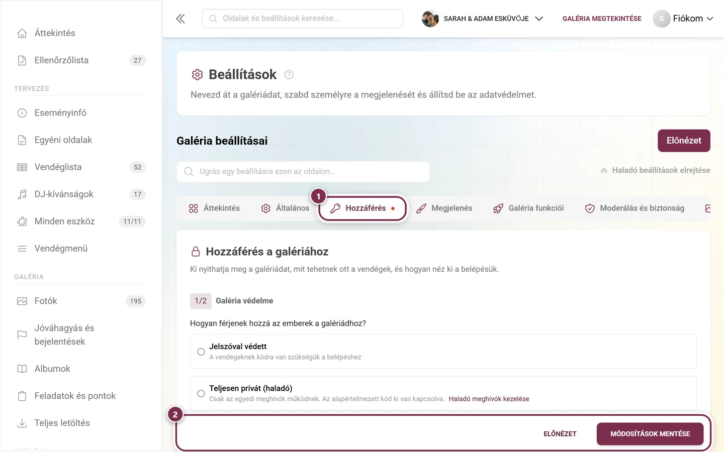 A beállítások fülsora piros ponttal a Hozzáférés fülön és a mentéssávval alul