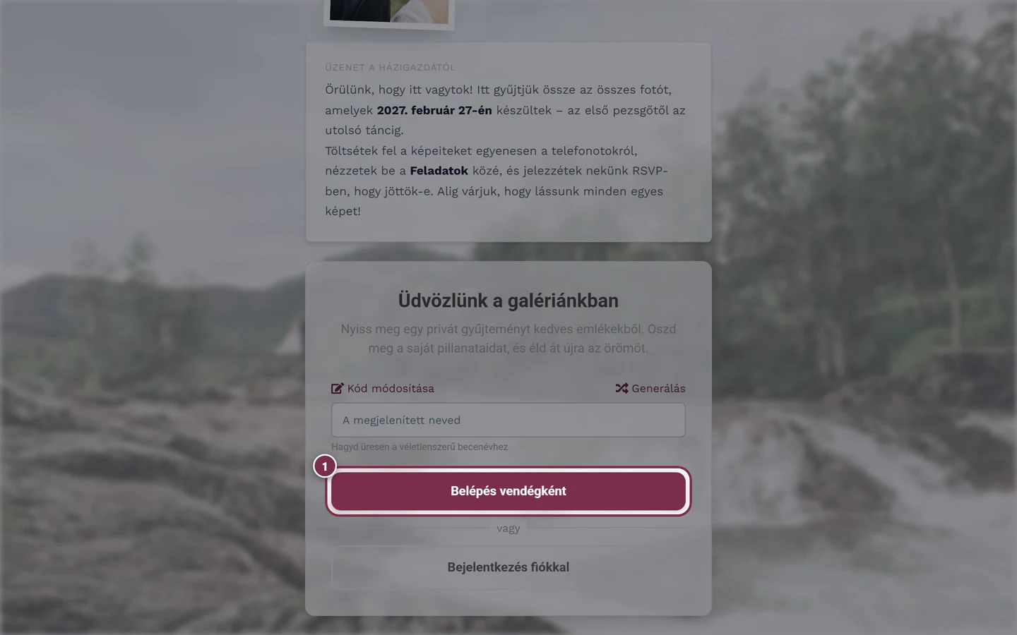 A neved beviteli mező, kiemelt Tovább a fotókhoz gombbal