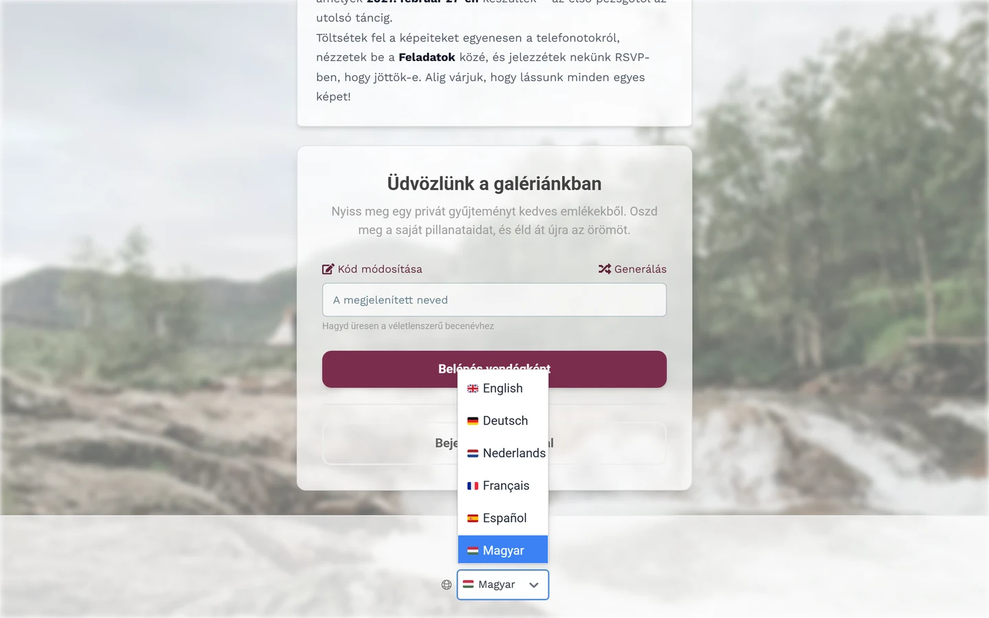 A csatlakozási oldal láblécének, a földgömb ikonnak és a kinyílt nyelvlistának a részlete