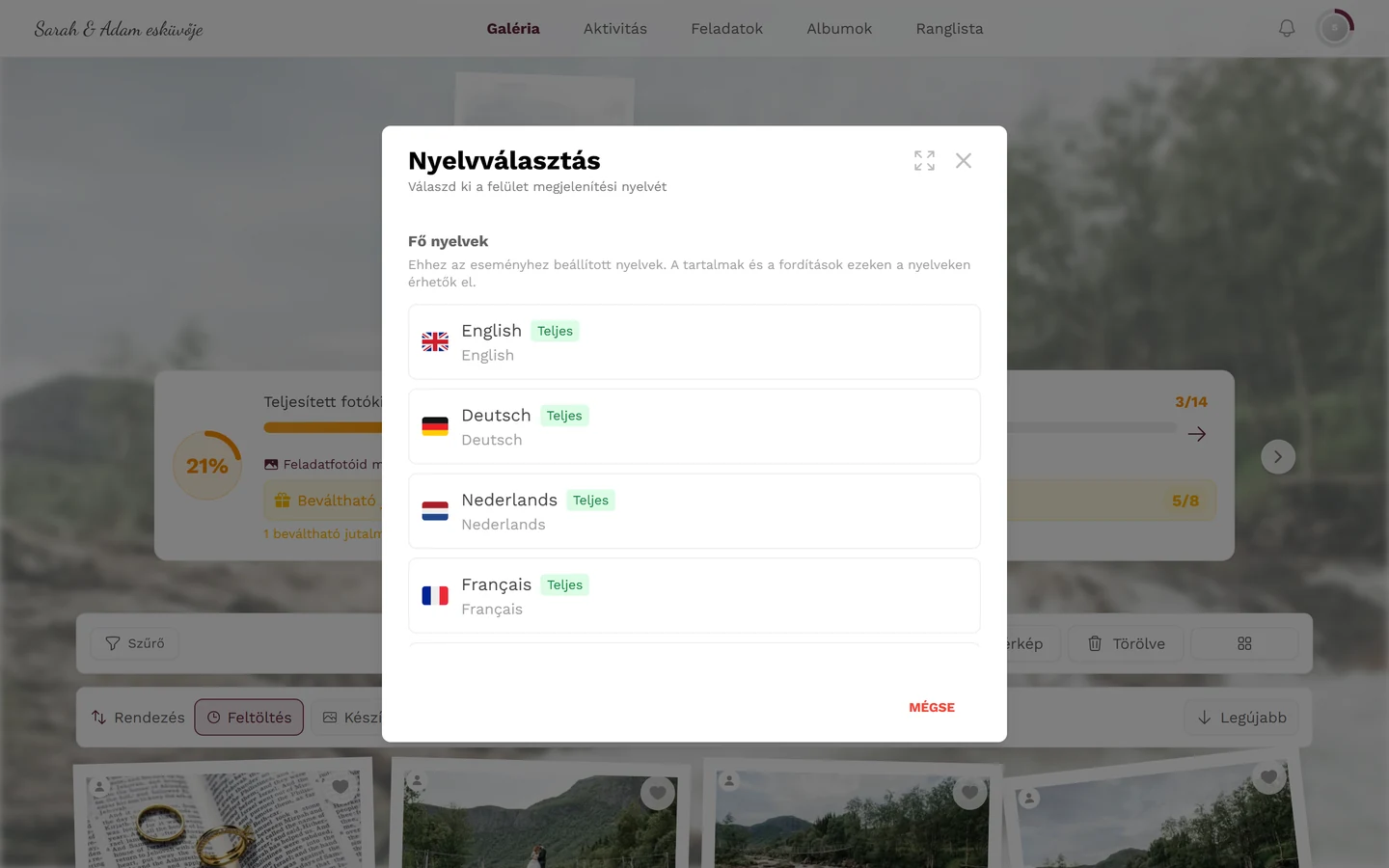 Nyelvválasztás párbeszédablak fő nyelvekkel, Teljes jelvényekkel és pipával az aktív nyelvnél
