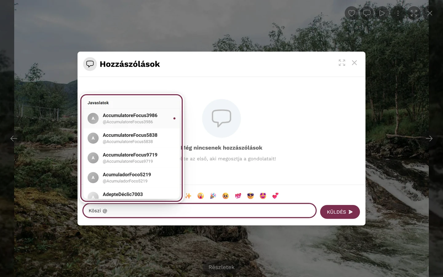 Hozzászólás mező egy @ beírása után, a nevek javaslati listája kiemelve